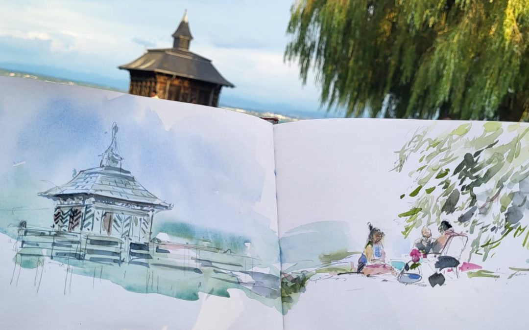 Croquis à l&rsquo;aquarelle au bord du lac Pavillon des Bains ( Gorgier )